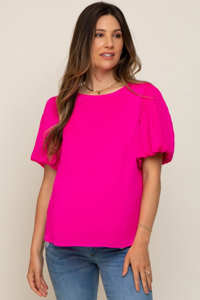Fuchsia Satin Pleated Puff Short Sleeve Maternity Blouse | PinkBlush Maternity