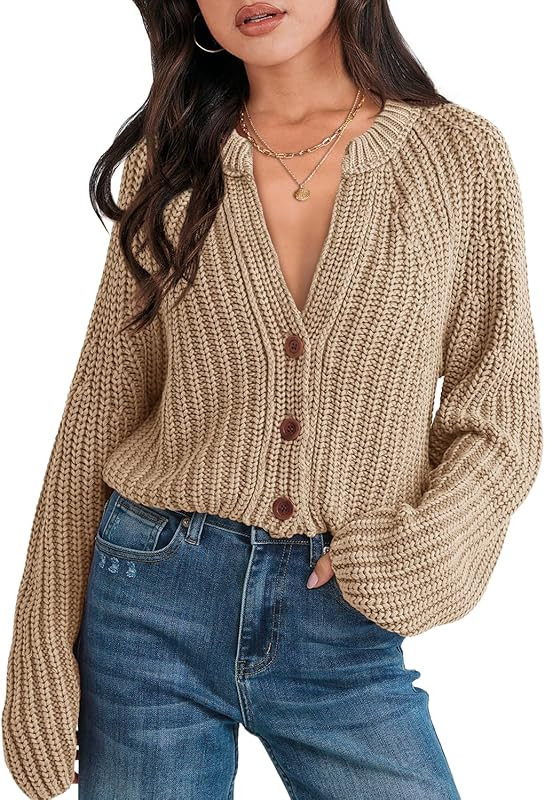 ReachMe Womens Fall Long Sleeve Cable Knit Button Down Cardigans V Neck Cropped Sweaters Chunky O... | Amazon (US)