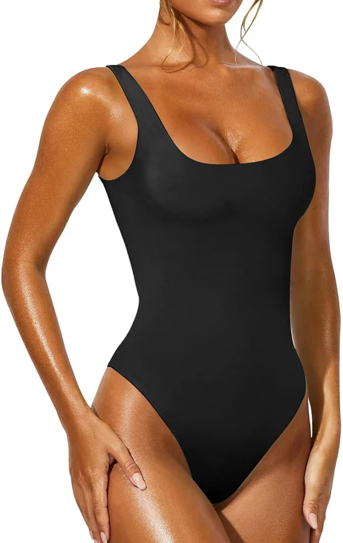 YFANG Women's Sexy Basic Bodysuit Sleeveless Double Lined Slim Fit Tank Tops | Amazon (US)