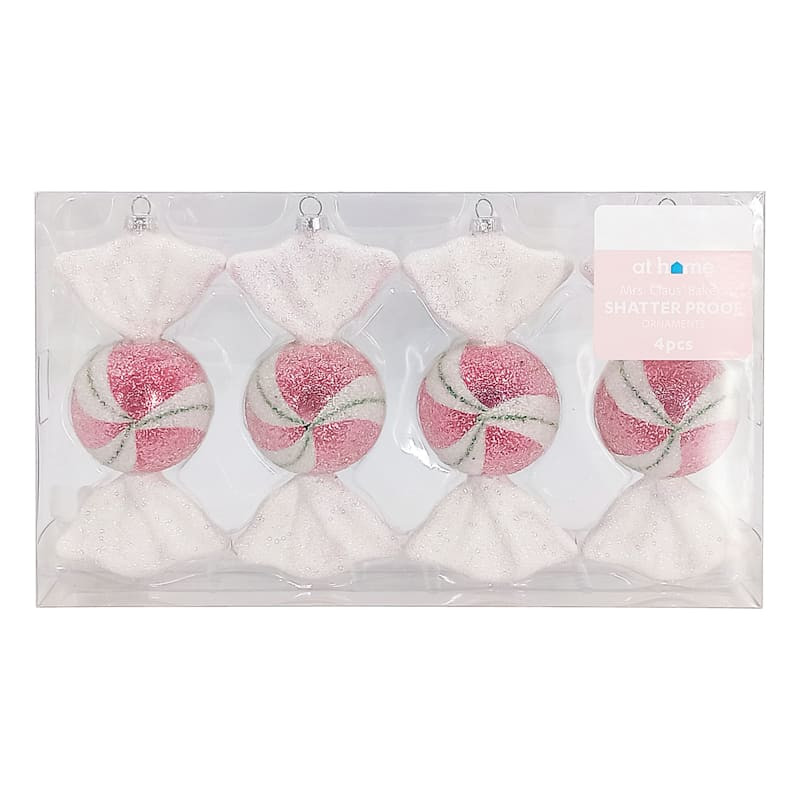 Mrs. Claus' Bakery 4-Count Pink, White & Green Candy Shatterproof Ornaments, 5" | At Home