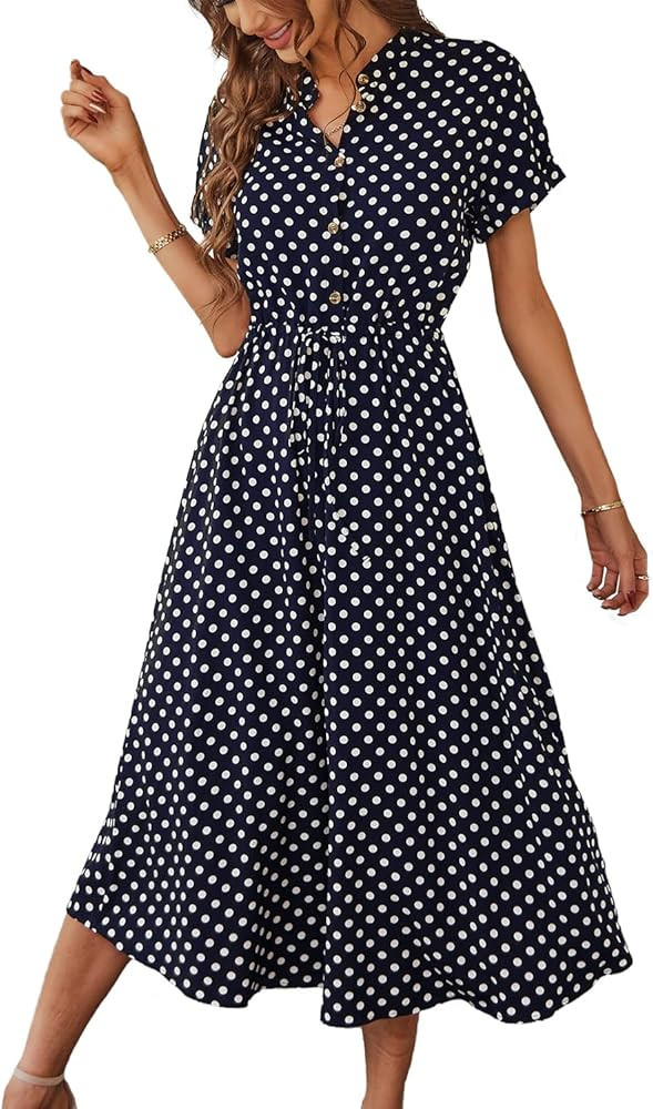 BROVAVE Women's Summer Polka Dot Print Shirt Dress Vintage Short Sleeve Button Down Midi Dress | Amazon (US)