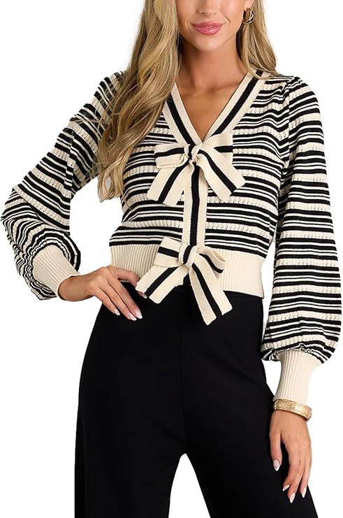 SCOFEEL Women Stripe Long Sleeves Sweater V-Neck Bow Tie Elegant Cardigan Snap Knit Ribbed Tops | Amazon (US)