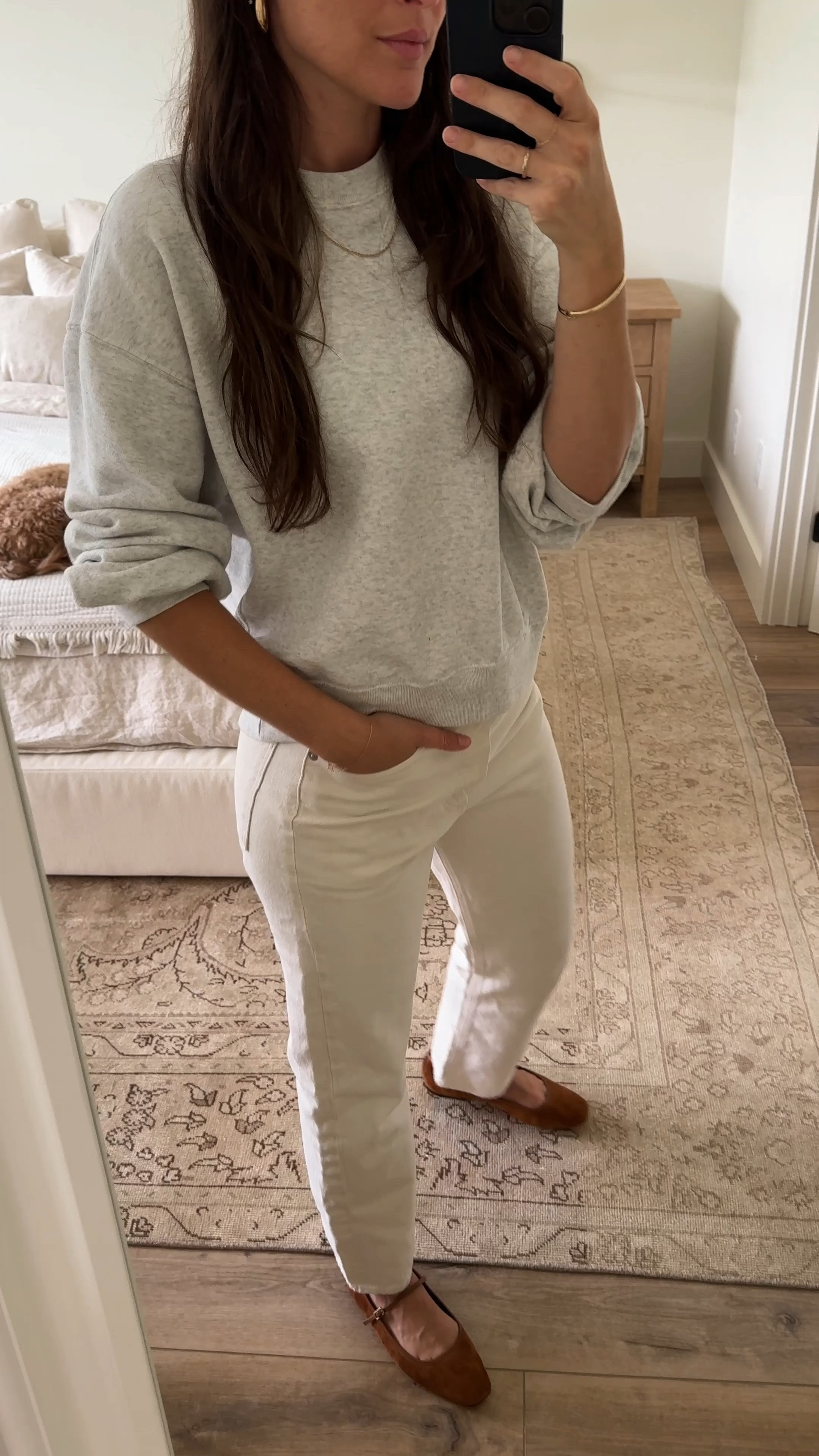 Grey Abercrombie sweatshirt, off white Levi jeans, brown suede Veronica Beard Mary Jane flats, easy elevated outfit

*if you click on the purple sweatshirt image it will take you to the product and you can choose the grey color 

#LTKVideo #LTKShoeCrush