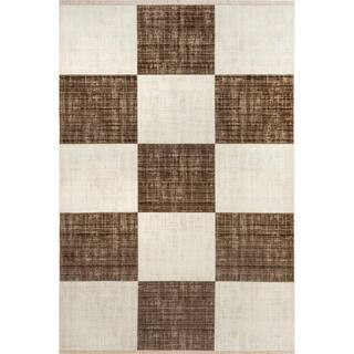 Aspen Checkerboard Fringed Brown 4 ft. x 6 ft. Indoor/Outdoor Patio Rug | The Home Depot