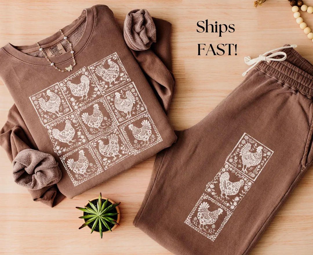 Comfort Colors Boho Woodblock Lounge Set, Cozy Cottagecore Chicken Sweatshirt Joggers, Rustic Gif... | Etsy (US)
