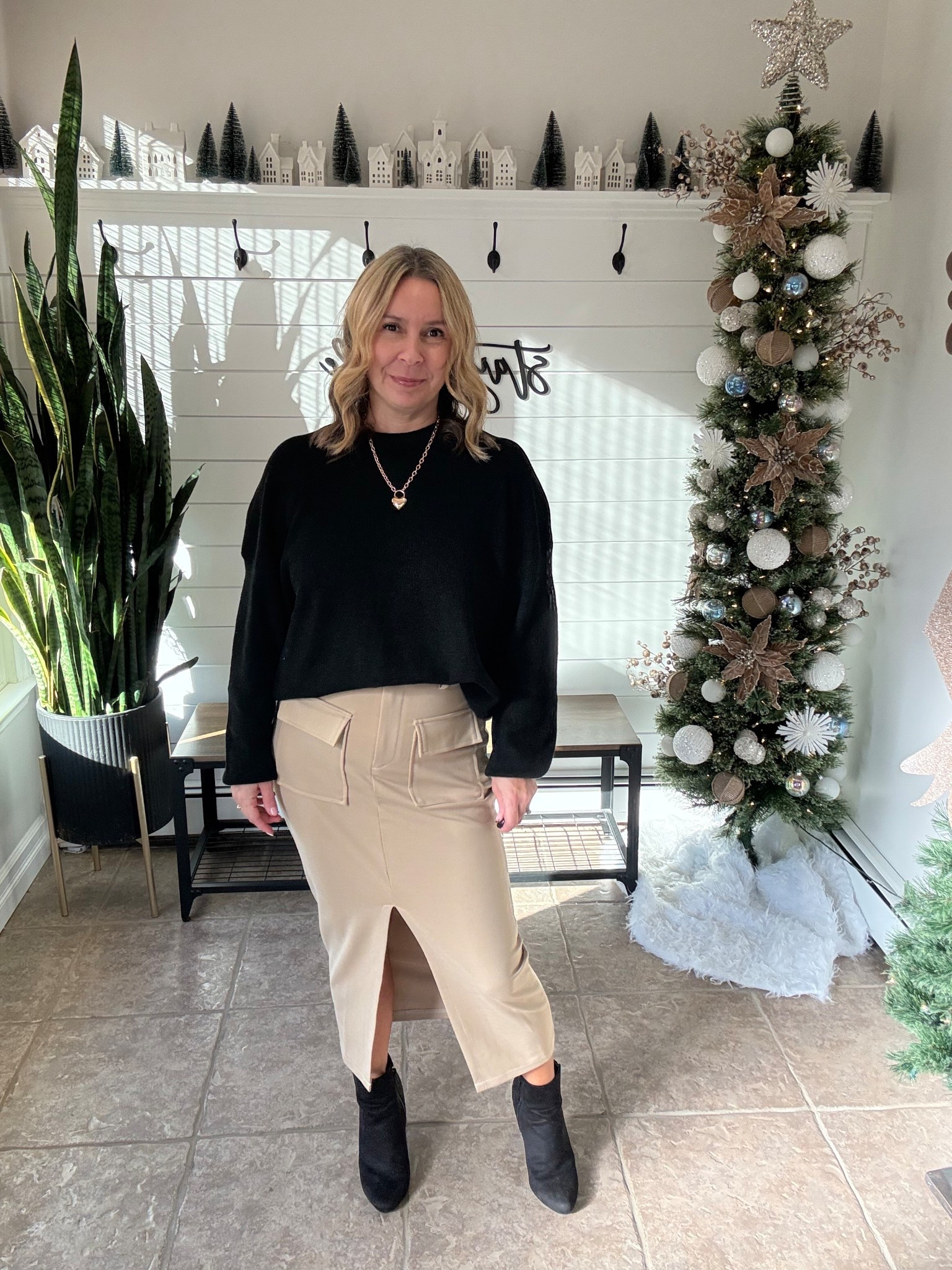 Holiday outfit idea or wear this to the office. 2 options given depending on how you feel. I'm wearing a medium in the midi skirt and sweater and a large in the bodysuit booties are true to size. Winter outfit, Amazon fashion

#LTKOver40 #LTKWorkwear #LTKMidsize #LTKHoliday #LTKSaleAlert #LTKFindsUnder50