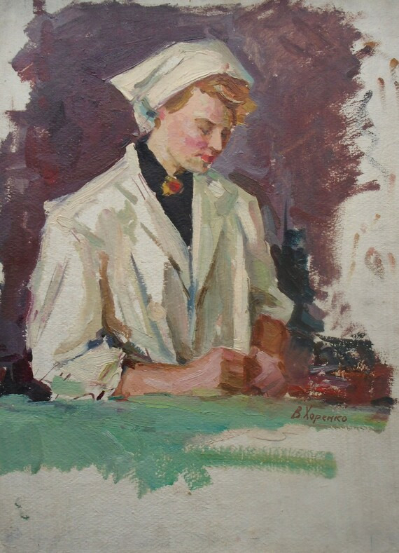 Picture at a discount! VINTAGE FEMALE PORTRAIT Original Oil Painting by a Soviet Ukrainian Artist Kh | Etsy (US)