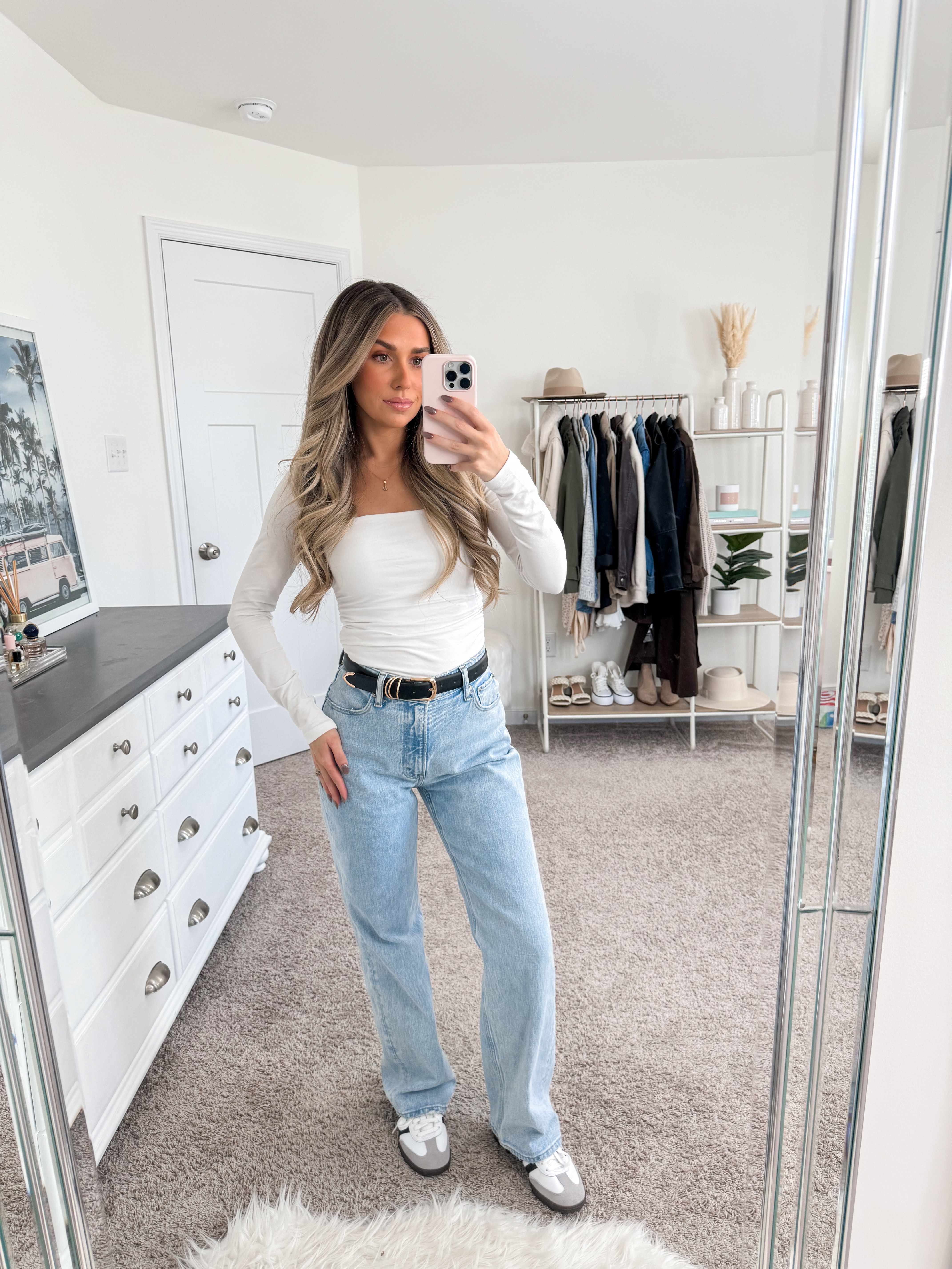 Casual jeans + top 
+ top: xs 
+ jeans: 24 short in curve love 
+ belt: xs 
+ adidas sambas: sized down 1/2 size 

#LTKStyleTip #LTKSeasonal #LTKFindsUnder100