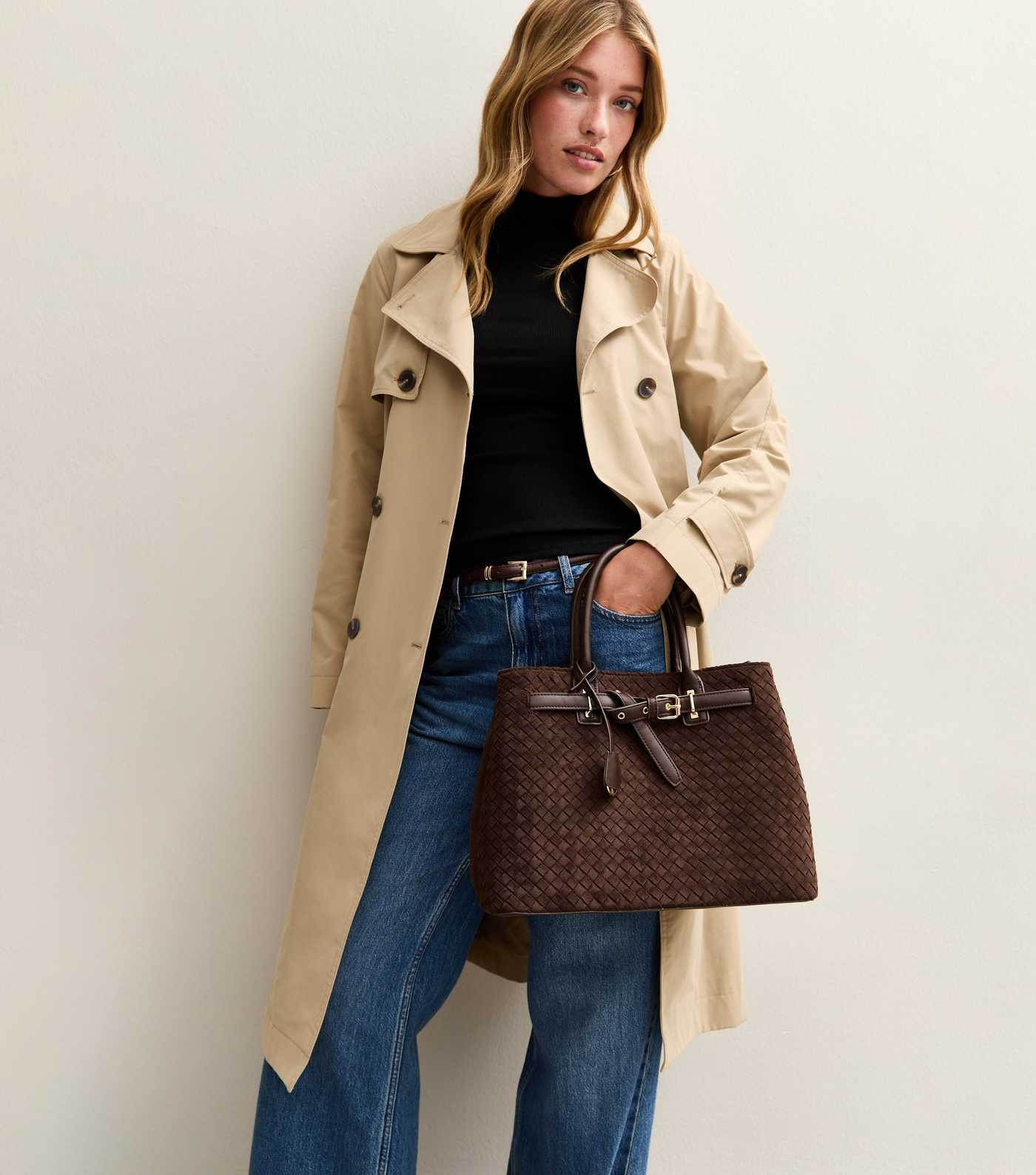 Dark Brown Faux Suede Triple Compartment Tote Bag | New Look | New Look (UK)