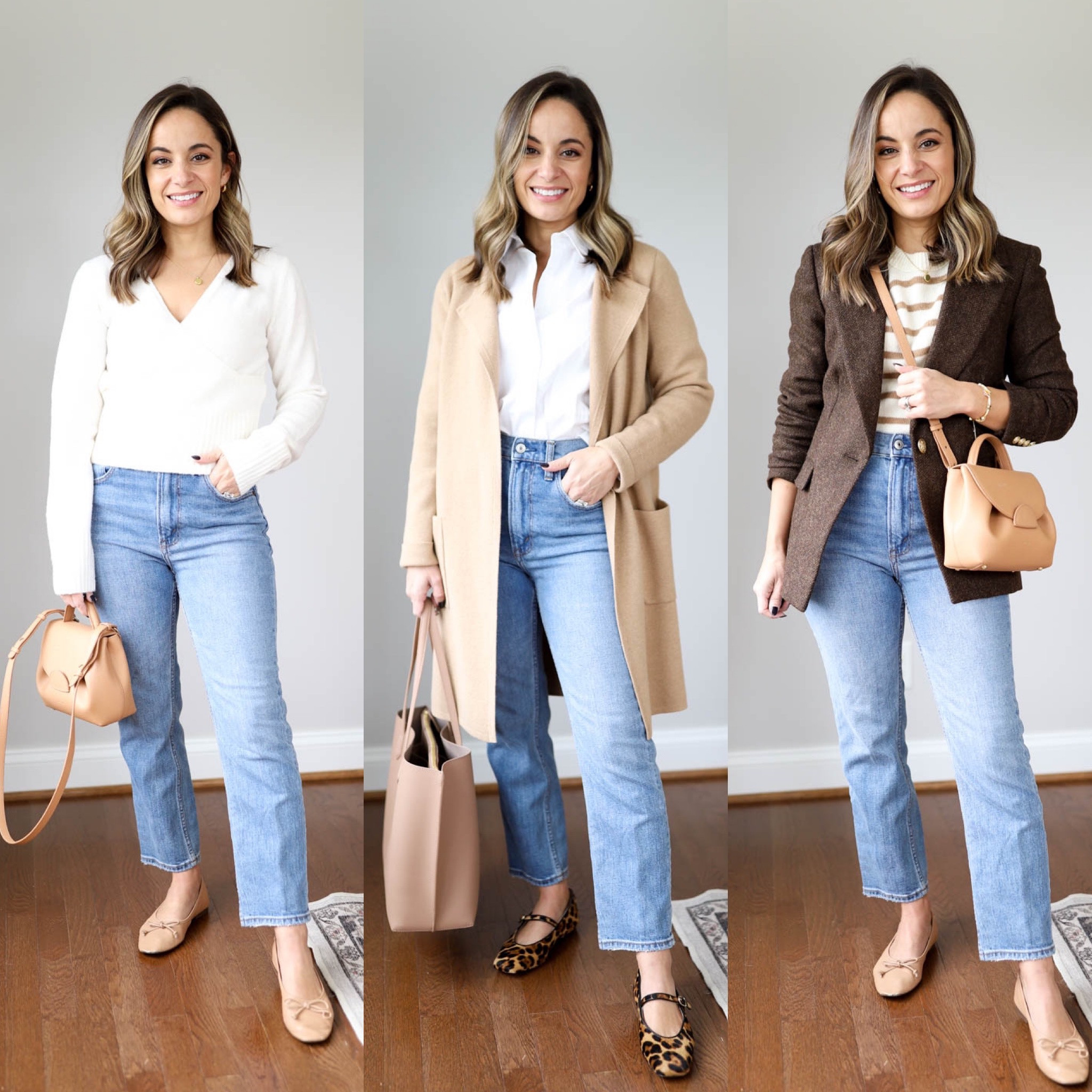 Fall capsule wardrobe 

Jeans: 24 short 
Wrap sweater: xxs 
Tan cardigan: xxs 
Brown blazer: petite 00 
Old navy blazer is a similar option 
Striped sweater: xxs
White button down: xs 
All shoes tts 
Tan bag: polene un nano in textured tan 

#LTKSeasonal #LTKstyletip