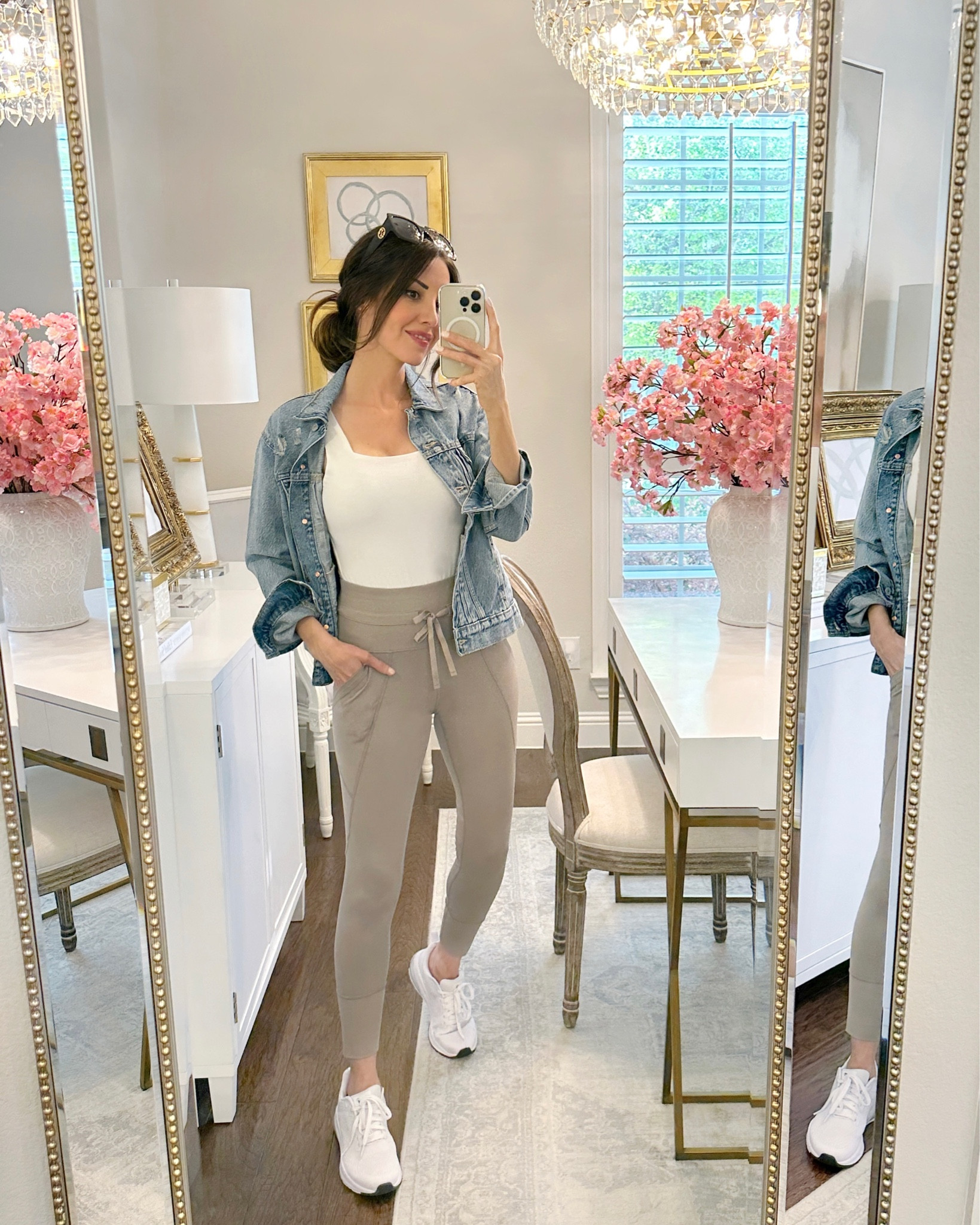 Old navy and Walmart favorites! Love this square neck bodysuit (only $15!), distressed denim jacket (a fav for years) and yoga leggings with pockets 🙌 fit tts - wearing XS 

#LTKsalealert #LTKunder100 #LTKunder50
