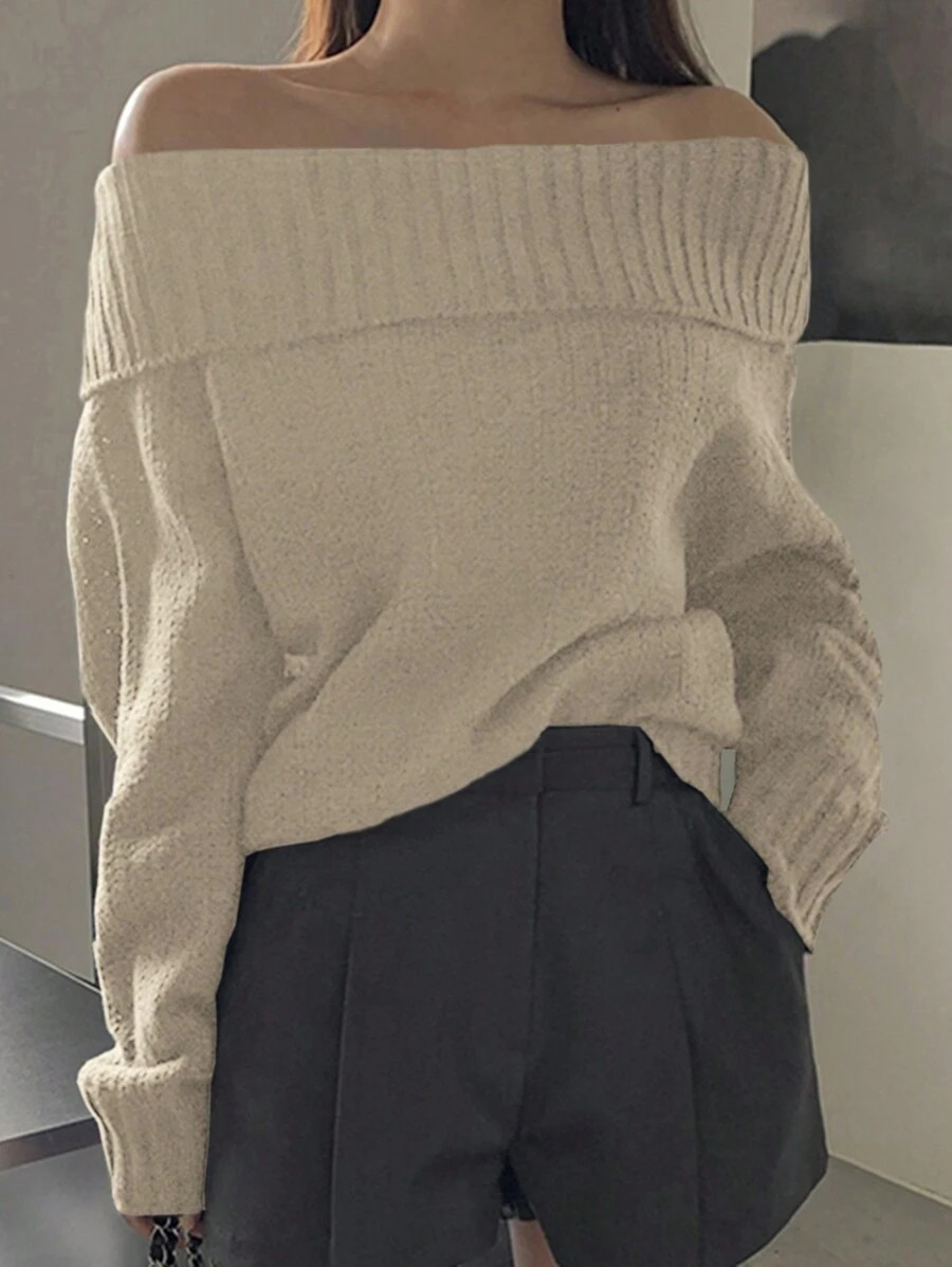 DAZY Women's Solid Color Off-Shoulder Long Sleeve Loose Casual Knit Sweater, Autumn/Winter Off Sh... | SHEIN
