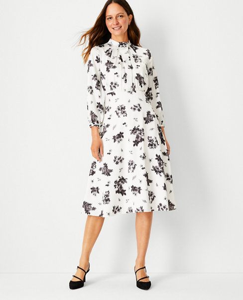 Ikat Floral Mock Neck Flare Dress | Ann Taylor (US)