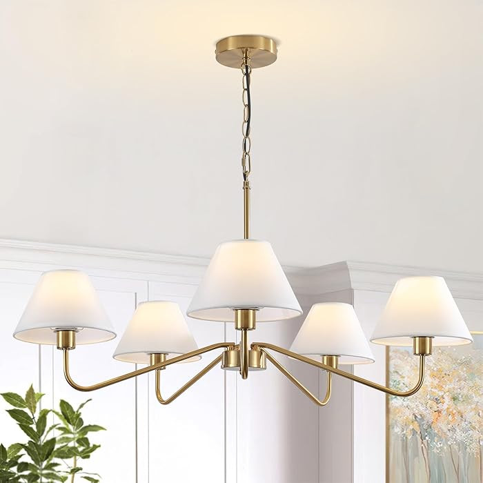 5-Light Gold Chandelier, 31.5" Brass Modern Chandeliers with White Fabric Shade, Classic Farmhous... | Amazon (US)