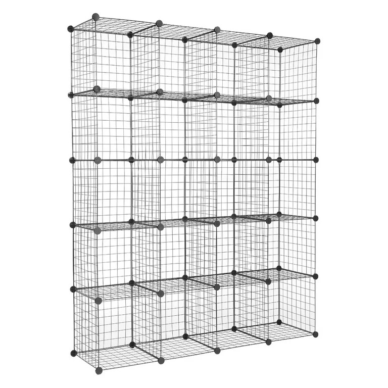 20-Cube Metal Grid Shelving Unit Storage Modular Cubbies Organizer Bookcase Black | Walmart (US)