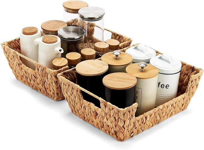 Wicker Baskets 2 Pack, Water Hyacinth Wicker Storage Basket with Handles, Pantry Baskets Organiza... | Amazon (US)