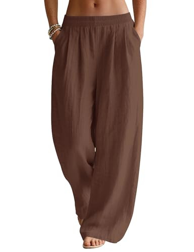 LOMON Linen Pants Women Wide Leg Palazzo Summer Flowy Pants Beach Vacation Clothes Elastic Waist ... | Amazon (US)