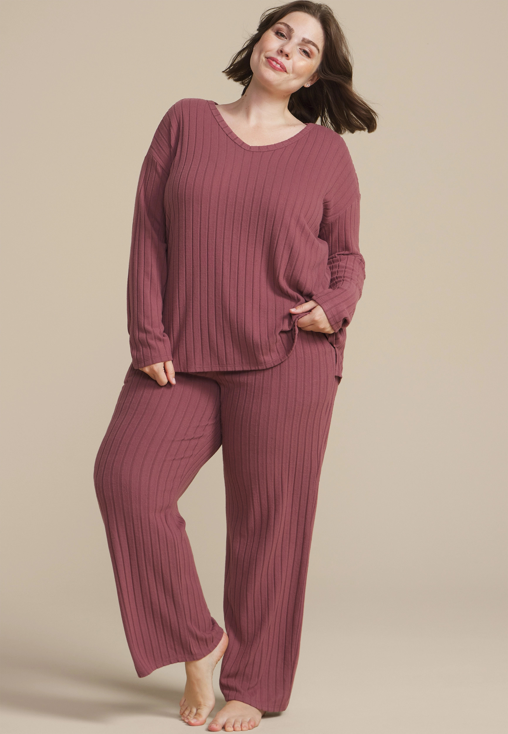 Maurices 2X Plus Size Women's Cozy Wide Ribbed Long Sleeve Tee & Wide Leg Pajama Set Pink | Maurices