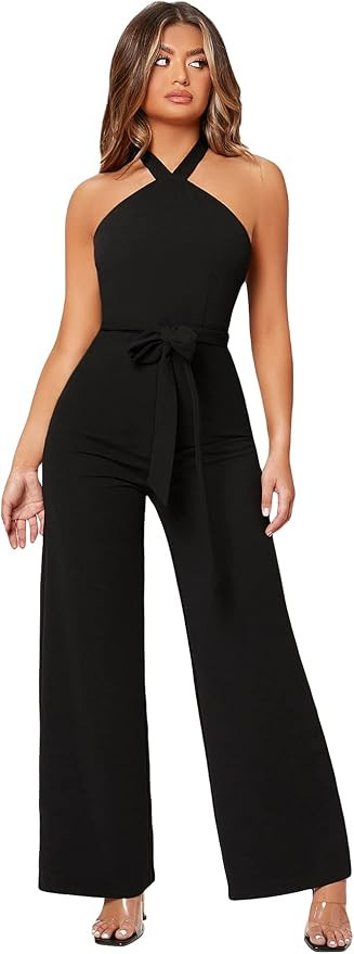 WDIRARA Women's Sleeveless Halter Tied Backless High Waist Belted Wide Leg Pants Elegant Jumpsuit... | Amazon (US)