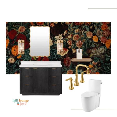 The bathroom design we coordinated with for an elevated breakfast nook and living room. See more on HillHomeLove.com/blog today. 

(Pictured: dark, floral wallpaper with a fluted bathroom vanity, gold faucet, squiggle mirror, gold wall sconces, and a modern toilet). 

#LTKhome #LTKstyletip