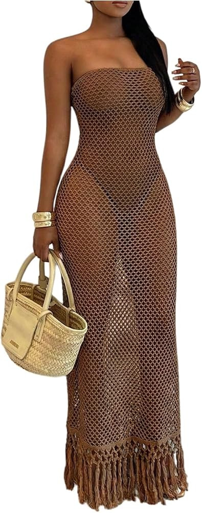 Floerns Women's Strapless Crochet Dress Tassel Trim Bodycon Beach Vacation Long Dresses | Amazon (US)
