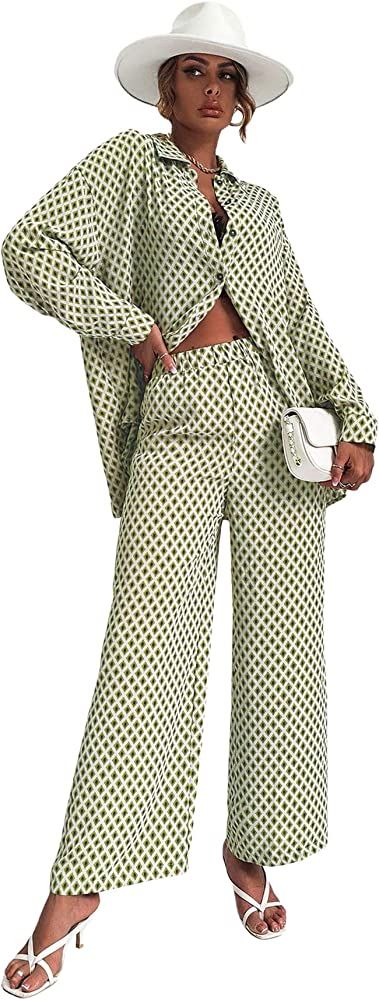 Floerns Women's 2 Piece Outfits Slit Hem Longline Blouse and Wide Leg Pants Set | Amazon (US)