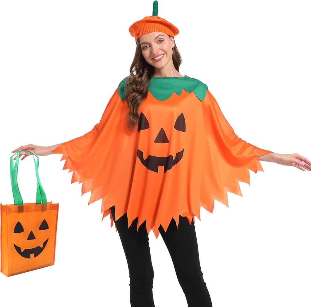 3PCS Adults Pumpkin Costume For Women - Halloween Poncho With Pumpkin Beret And Candy Bag | Amazon (US)