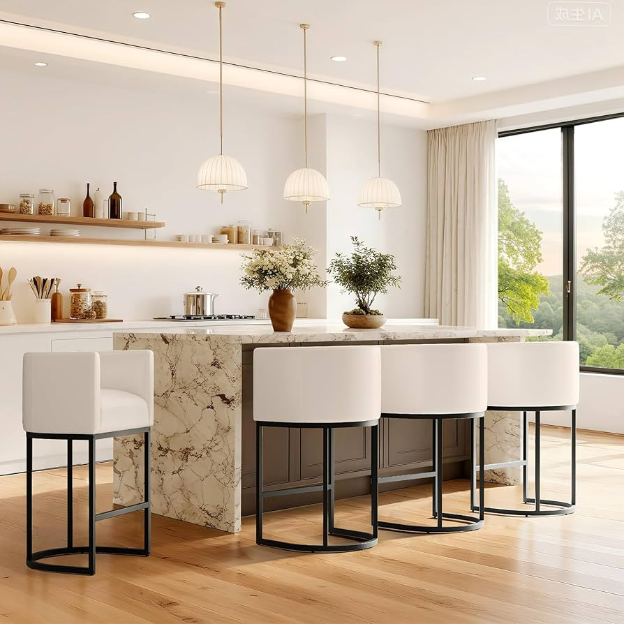 Modern Counter Height Bar Stools,Bar Stools Set of 4,PU Leather Upholstered Barrel Barstools with... | Amazon (US)