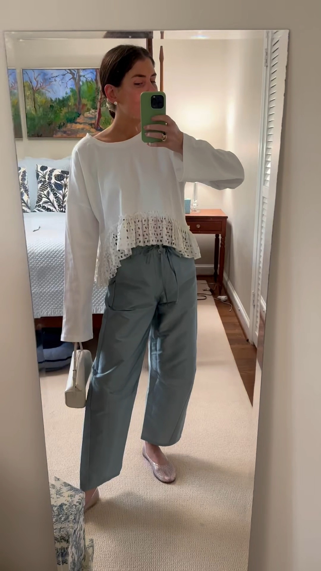 Chan Lulu try on; pants are the Bath Blue!