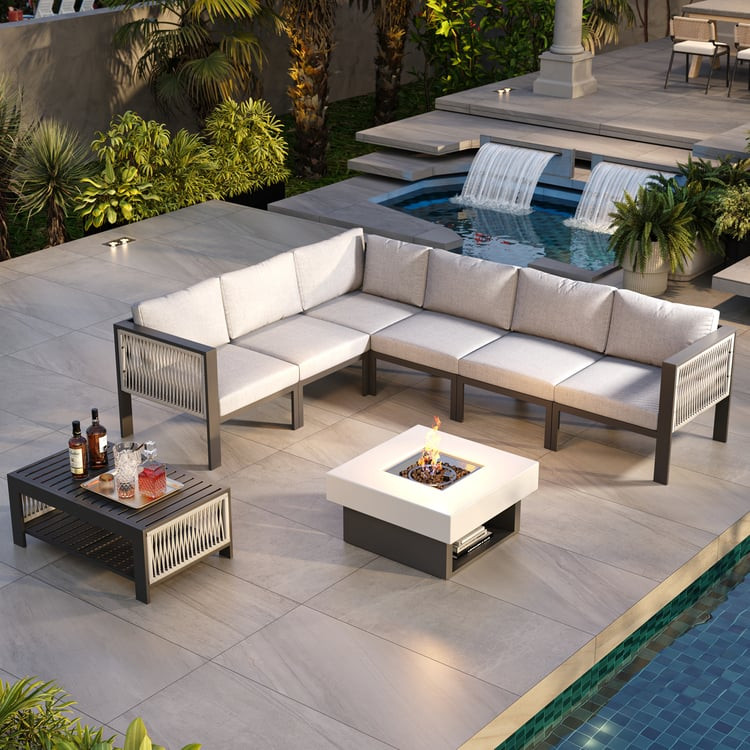8 Pieces L Shaped Outdoor Sectional Sofa Set with Smokeless Fire Pit in Light Gray for 6 | Homary