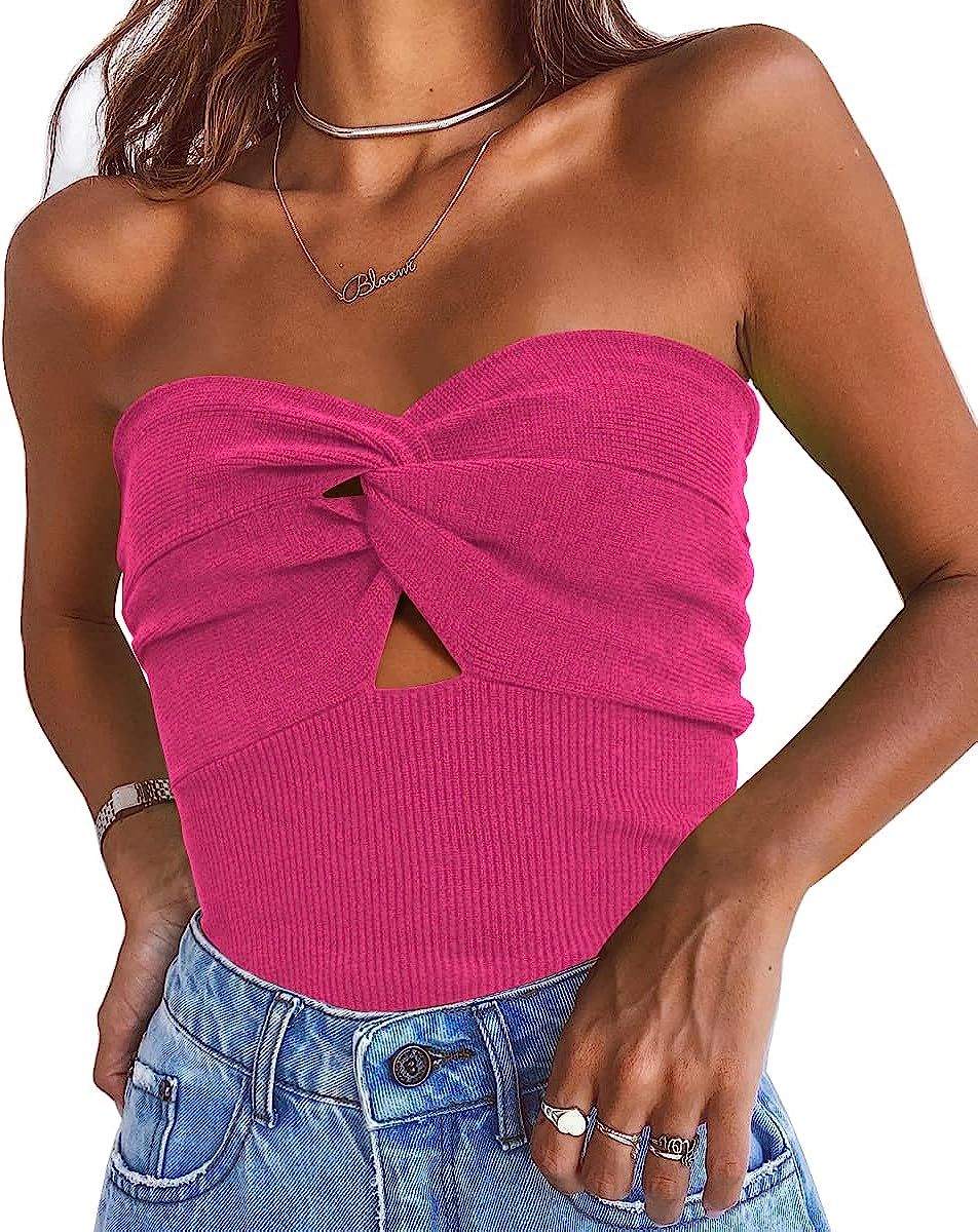 EFAN Womens Cut Out Twist Knot Front Tube Tops Bandeau Ribbed Knit Y2K Sexy Strapless Crop Tank B... | Amazon (US)