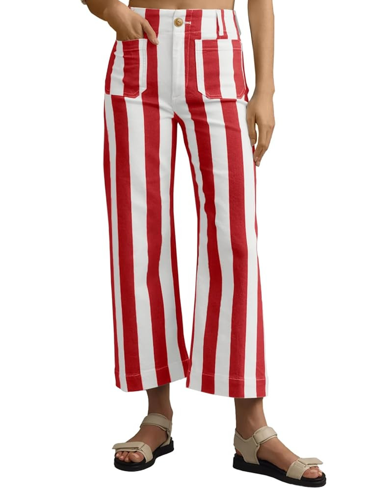 Tankaneo Womens Cropped Striped Jeans Casual High Waisted Stretchy Straight Leg Denim Pants with ... | Amazon (US)