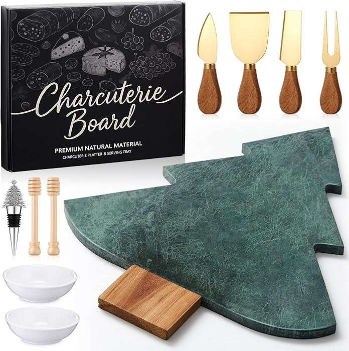 10 Pcs Christmas Tree Charcuterie Board Gift Set with Marble Wood Cutting Serving Tray Cheese Kni... | Amazon (US)