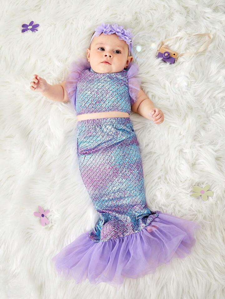 SHEIN Newborn Baby Girl Fish Scales Print Contrast Mesh Mermaid Costume Set With Headband | SHEIN