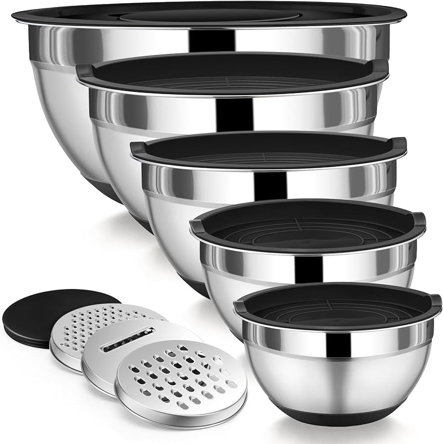 P&P CHEF Black Mixing Bowl Set of 5, Stainless Steel Mixing Nesting Bowls with Lids for Serving P... | Amazon (US)