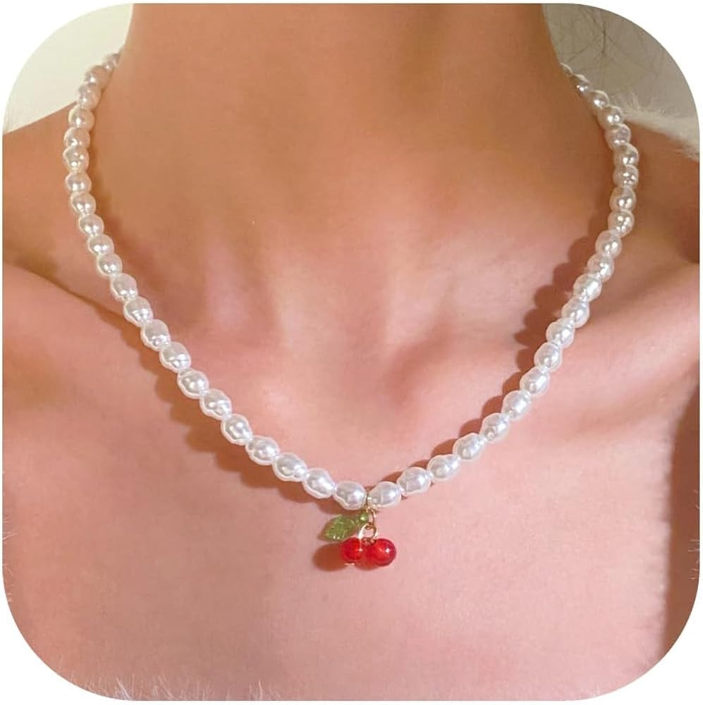 Cherry Necklace for Women Charm Necklace Cherry Jewelry Fruit Beaded Pendant Necklaces Gold Jewel... | Amazon (US)