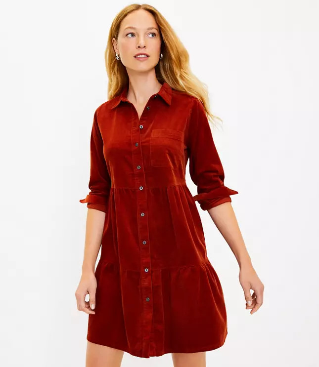 Corduroy Tiered Pocket Shirtdress | LOFT