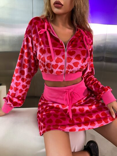 MEYSI KIM Heart Print Drop Shoulder Drawstring Hooded Zip Front Velvet Jacket | SHEIN