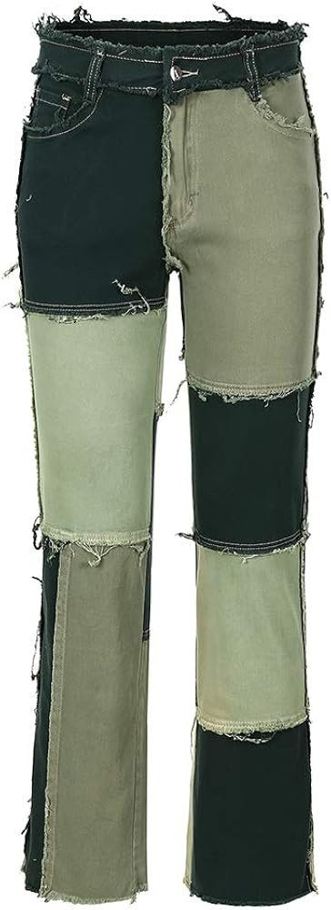 THUNDER STAR Womens Patchwork Straight Leg Jeans Mid Rise Stretch Frayed Denim Pants | Amazon (US)