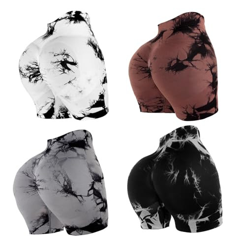 Mumucove 4 Piece Women Workout Shorts Tie Dye High Waist Butt Lifting Shorts Tight Women Workout Gym Yoga Sports Shorts (Small,Tie Dye,Black Gray Brown White) | Amazon (US)