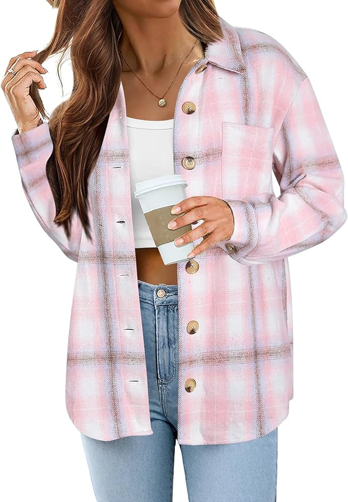 Zeagoo Women Flannel Shacket Jacket Plaid Button Down Long Sleeve Shirt Fall Outfits 2024 | Amazon (US)