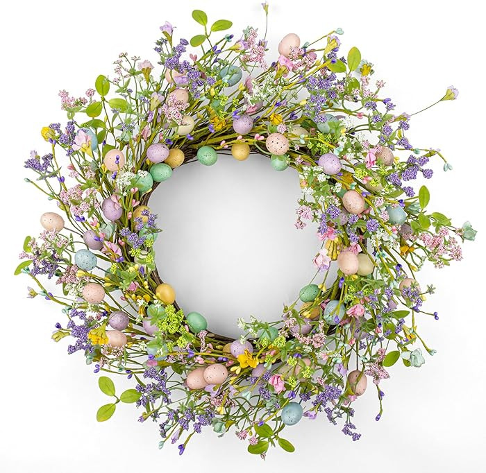J'FLORU Artificial Easter Wreath 22 Inch Easter Wreaths for Front Door Colorful Egg Wreath with F... | Amazon (US)