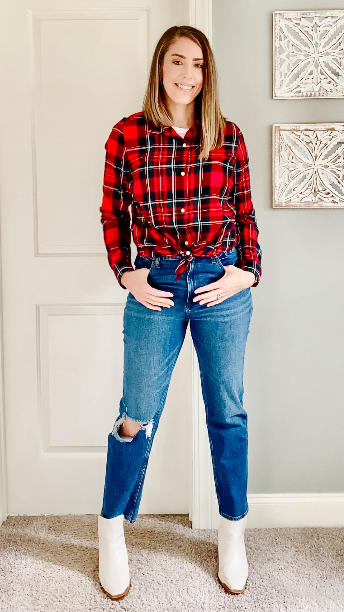 Valeska Cut-out Bootie | Yellow Box Boots | Booties | Ivory Booties | Abercrombie & Fitch Ultra High Rise Ankle Straight Jean | Red Button Down Shirt | Red Plaid Button Down Shirt | Winter Outfit Ideas | Tall Women Outfit Ideas | tall girl fashion-friendly | stylish options for tall women | trendy outfits for taller ladies | and fashionable choices for taller figures | Tall women fashion | Tall girl fashion | Tall girl | Tall women | Holiday outfit Idea | Causal Cute Holiday Outfit Idea | Comfy Holiday Idea

Old Navy Plaid Button Down - Size L Tall
White Long Sleeve Tee - Size M
Abercrombie Jeans - Size 29 Long
Yellow Box Boots - Size 11

#LTKGiftGuide #LTKstyletip #LTKCyberWeek