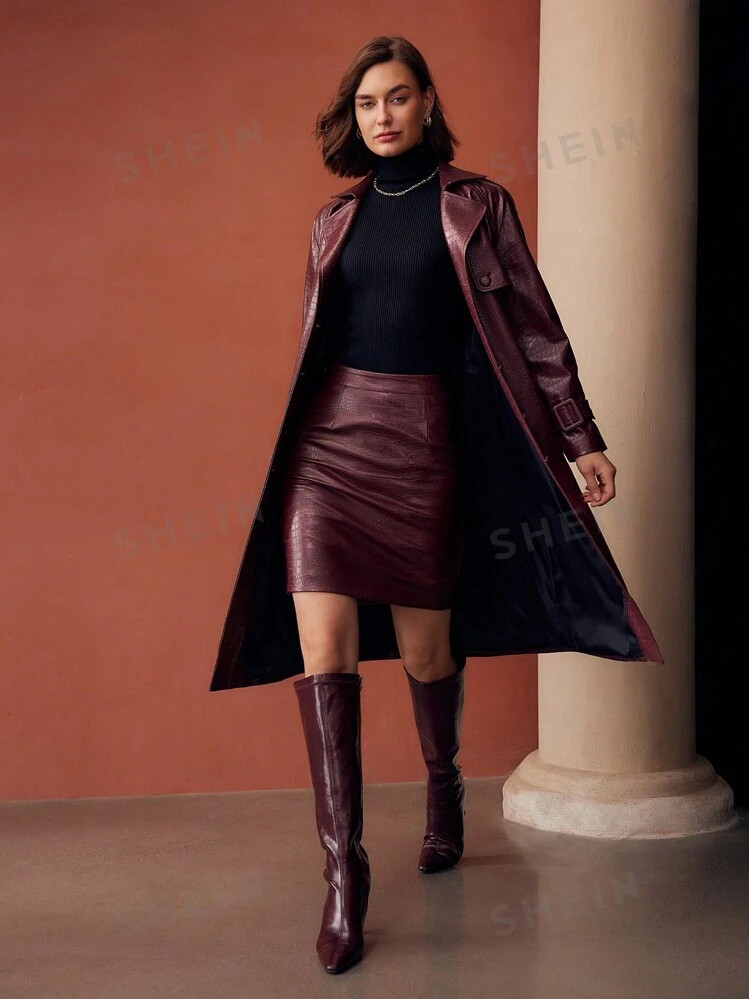 MOTF PREMIUM CROCODILE PATTERN BURGUNDY COLOR ZIPPER SIDE SKIRT, WOMEN OUTFIT | SHEIN USA | SHEIN