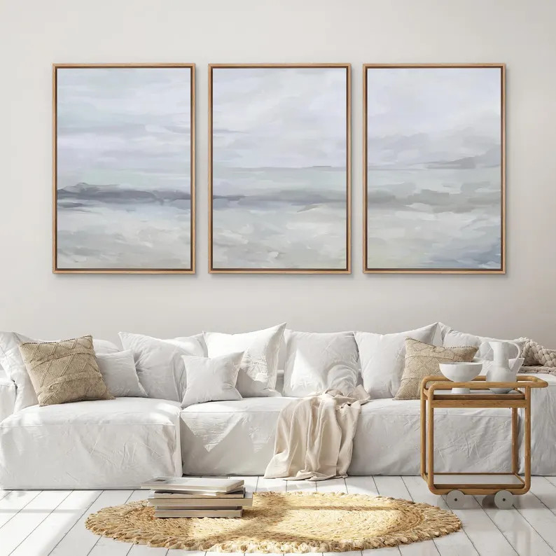 Coastal Abstract Triptych - Set of 3 Framed Blue & Gray Canvas Prints, Minimalist Ocean Landscape... | Etsy (US)
