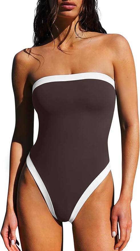 LASLULU Womens Sexy One Piece Swimsuit Strapless Padded Square Neck Bandeau Bathing Suits with Ad... | Amazon (US)