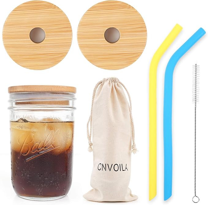 Mason Jar Lids with Straw Hole, ECO Reusable Bamboo Wide Mouth Mason Jar Lids with 2 Reusable Sil... | Amazon (US)