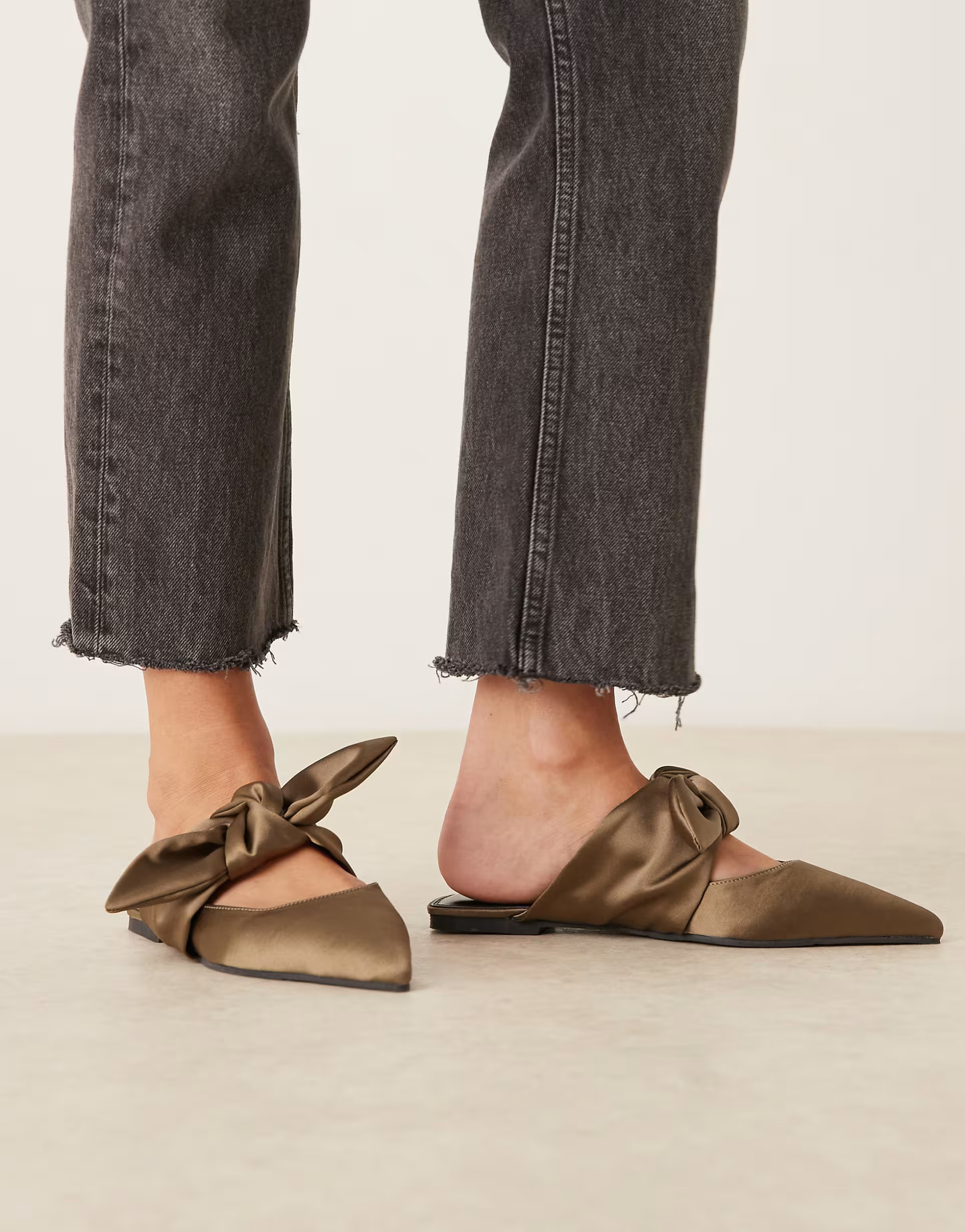 ASOS DESIGN Wide Fit Lunar bow detail mules in olive satin | ASOS | ASOS (Global)