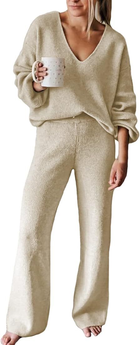 Linsery Women 2 Piece Outfits V Neck Sweater Wide Leg Sweatsuit Rib Knit Lounge Sets Leisure Wear | Amazon (US)