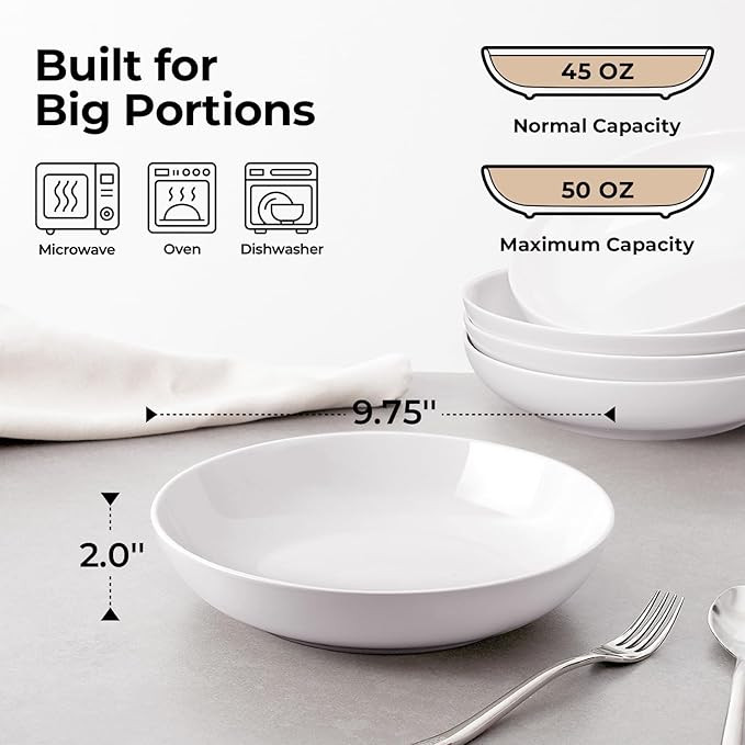 Y YHY 9.75" Large Pasta, Salad Bowls Set of 4, Ceramic, White, Microwave, Oven & Dishwasher Safe,... | Amazon (CA)